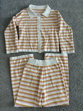 White Knit Top with Pink & Yellow Stripes Athleisure set